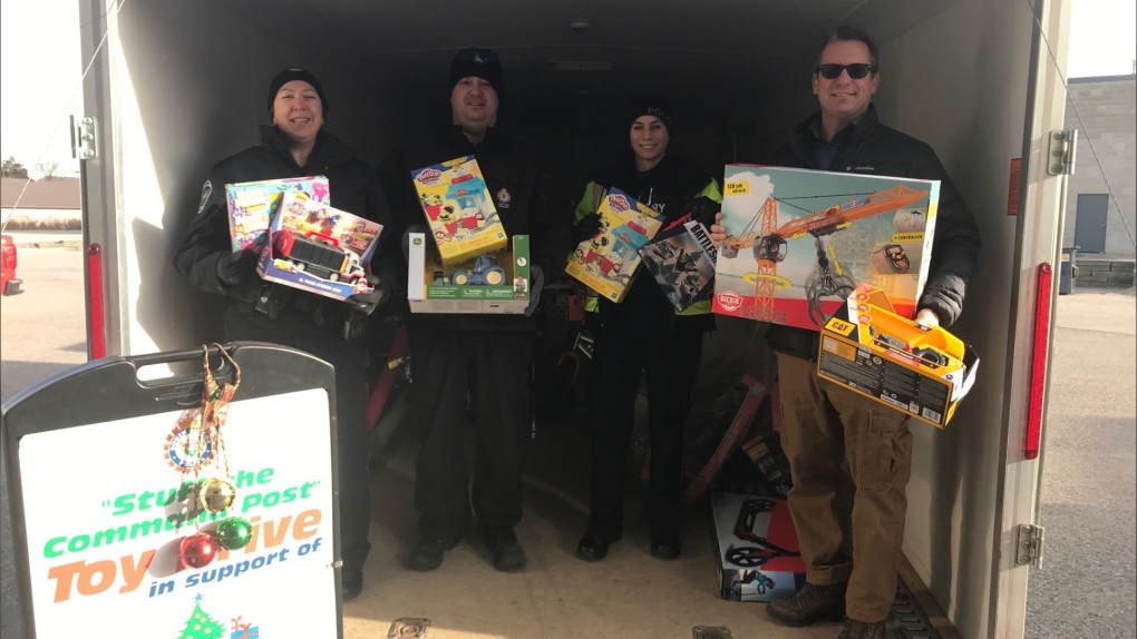 South Simcoe police deliver toy donations to CTV's Toy Mountain gathered over the weekend for Simcoe Muskoka Family Connexions families.