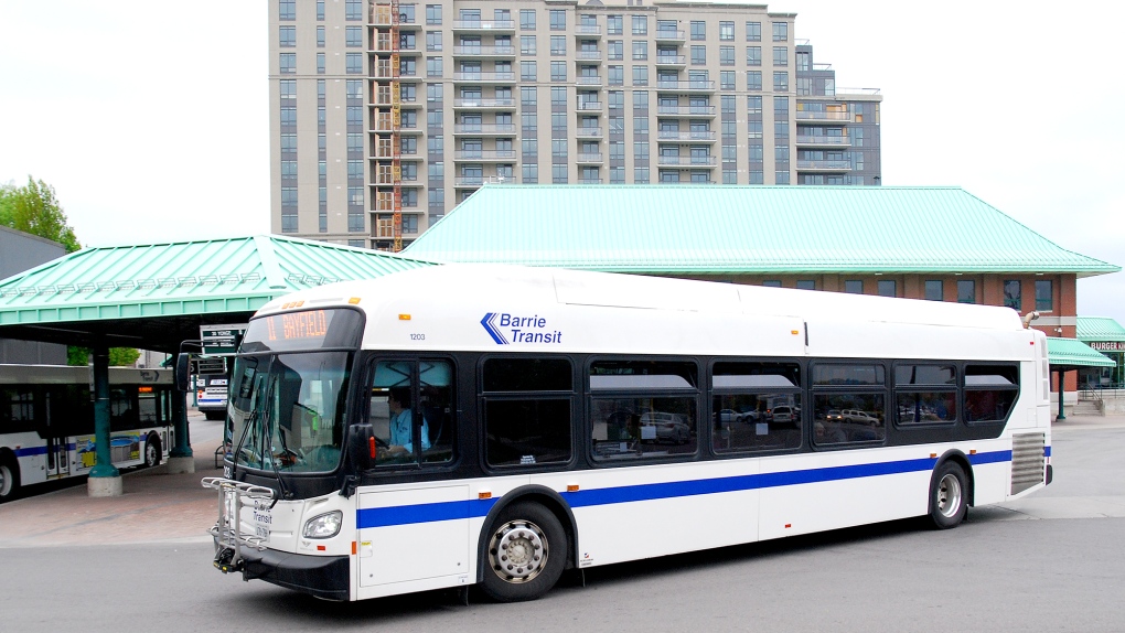 A city bus parks at the terminal in Barrie, Ont. (CTV BARRIE NEWS)