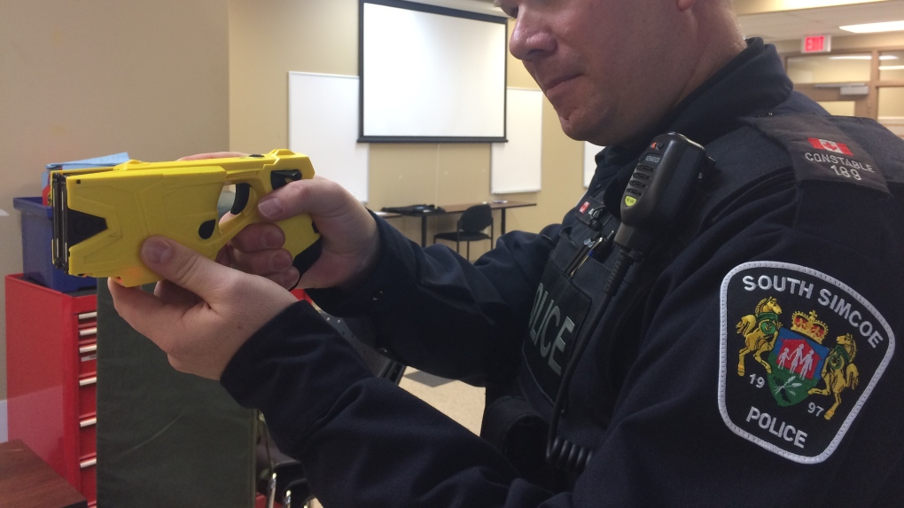A South Simcoe Police officer demonstrates how to use a Taser - FILE IMAGE. (CTV News Barrie)