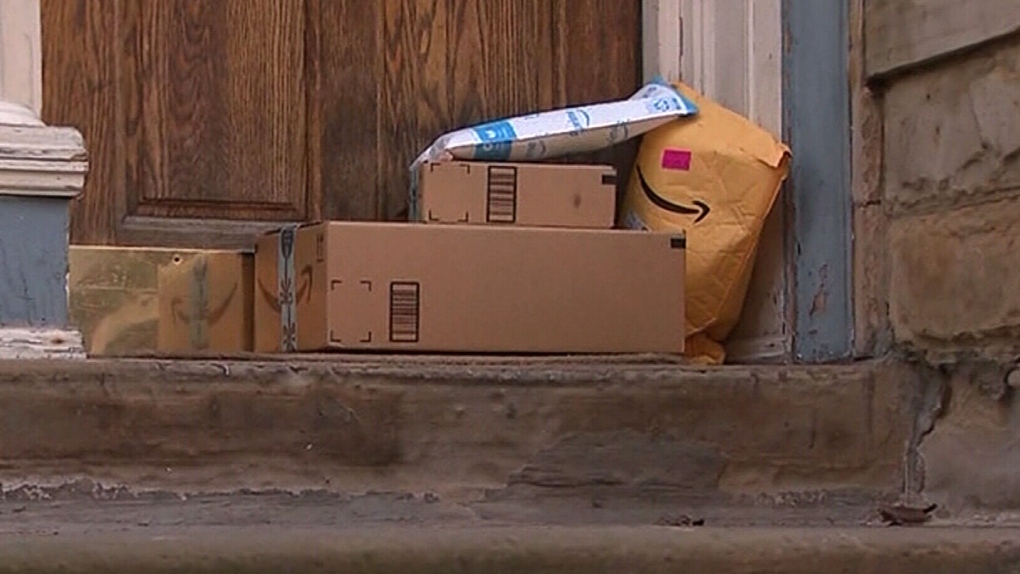 Online shopping packages on a doorstep