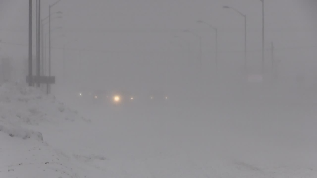Police say the closure is due to falling snow and whiteout conditions along the roughly 75 km stretch of Highway 11 (CTV News/Rob Cooper).