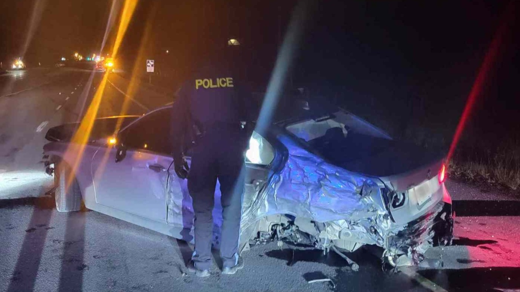 A car is significantly damaged following a multi-vehicle collision in Caledon, Ont., on Highway 10 on Sat., Nov. 27, 2021 (Supplied)