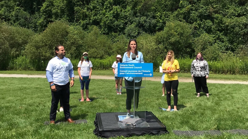Andrea Khanjin, Parliamentary Assistant to the Minister of the Environment, Conservation and Parks and MPP for Barrie-Innisfil speaks at the launch of the New Youth Environment Council with Minister of Environment, Conservation and Parks David Piccini in Barrie on Wed., July 21, 2021. (Courtesy: Andrea Khanjin, MPP of Barrie-Innisfil)