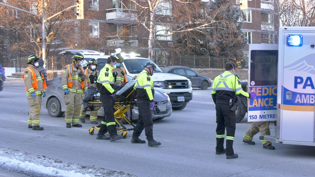 Emergency crews at the scene of a collision involving a pedestrian in Barrie, Ont., on Fri., Jan. 14, 2022 (STEVE MANSBRIDGE/CTV NEWS)