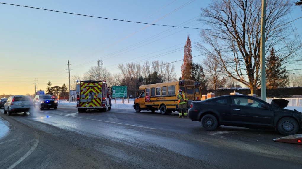A school bus and car involved in a collision in Oro-Medonte, Ont., on Thurs., Jan. 20, 2022 (OPP_CR) 