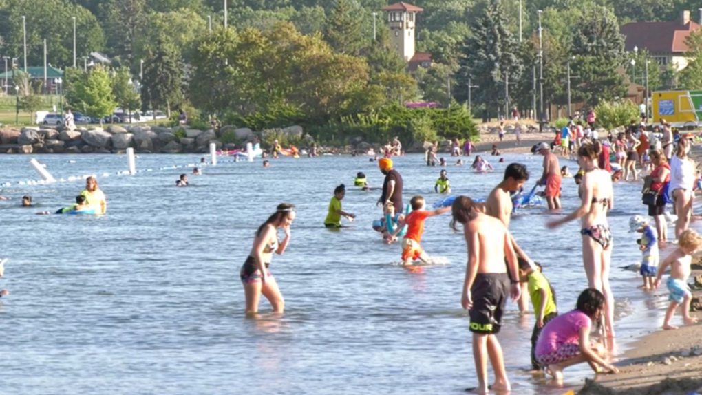 Swimmers cool off from the heat at Centennial Beach in Barrie on Aug., 21, 2021. (Steve Mansbridge/CTV News)