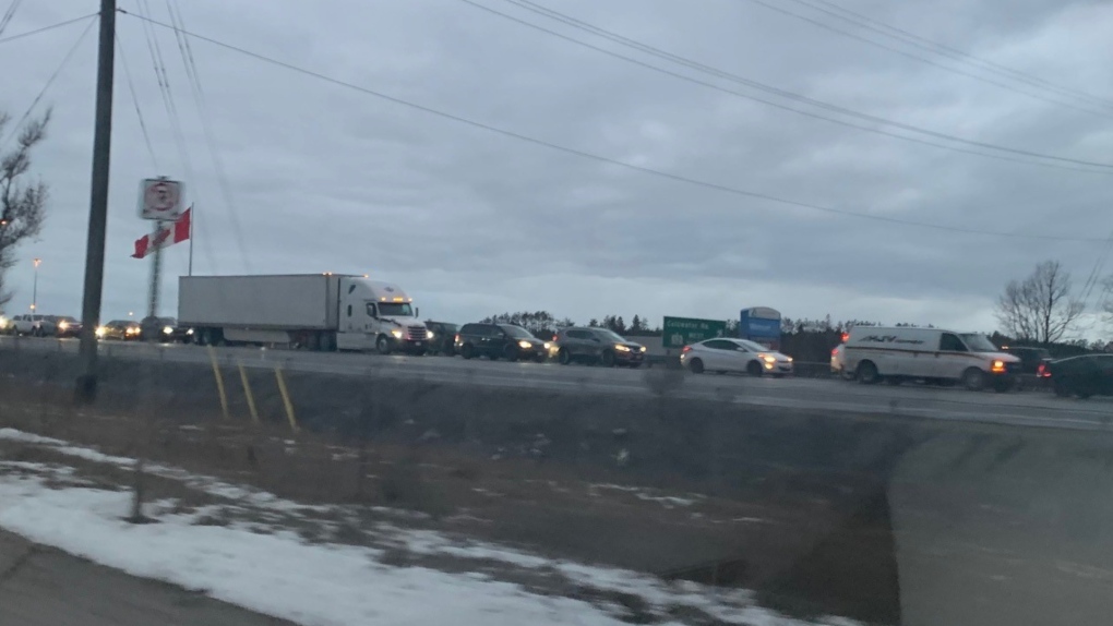Traffic at a standstill on Highway 11 in Orillia, Ont., on Fri., Nov. 25, 2022 (CTV News/Dave Erskine)