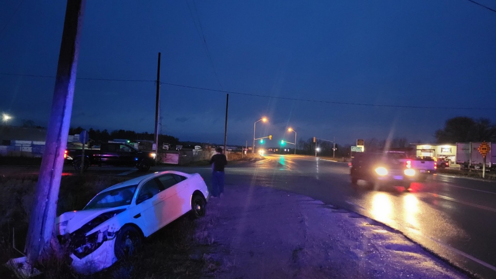 A car crashed into a hydro pole along Highway 26 in Clearview Township on Wed., Nov. 30, 2022 (OPP/Twitter)