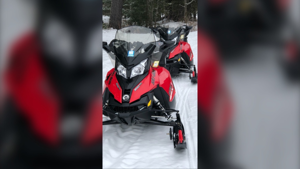 Police provide images of two snowmobiles allegedly stolen in Gravenhurst, Ont., on Fri., Dec. 2, 2022 (Supplied)