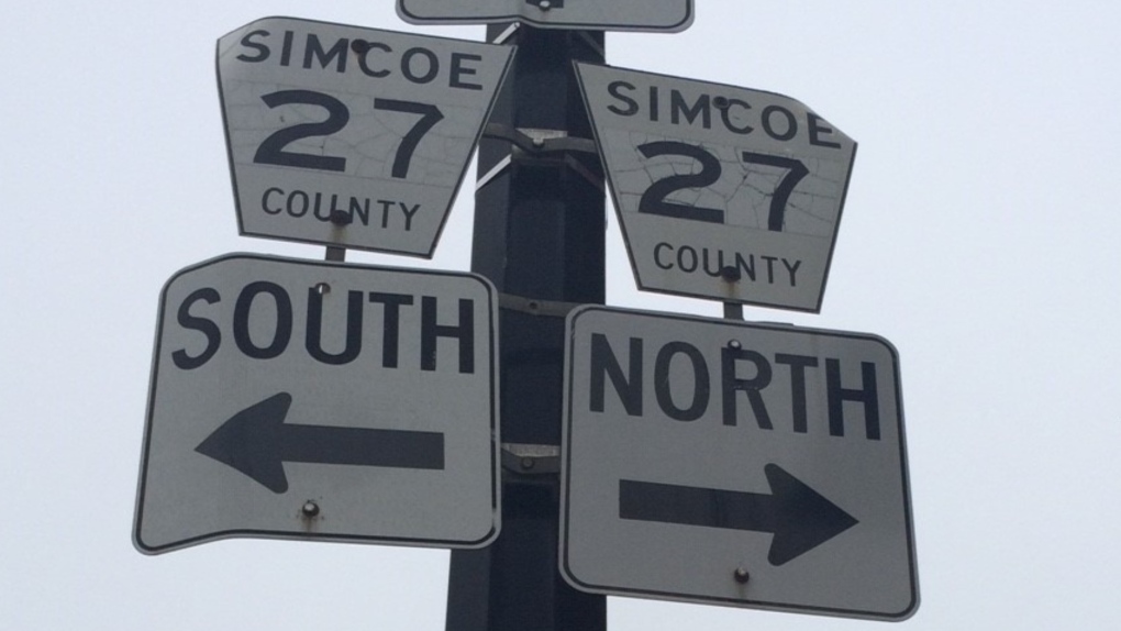 A sign shows the directions of County Road 27 in Cookstown, Ont.  (Rob Cooper/ CTV Barrie