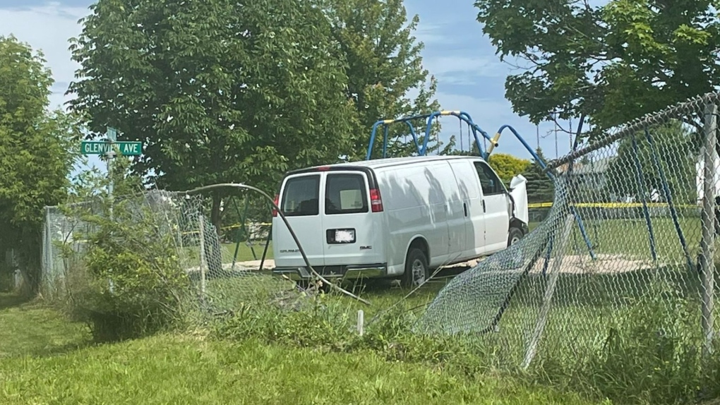 A van crashed through a schoolyard fence in Elmvale, Ont., on Mon., June 20, 2022 (OPP_CR/TWITTER)