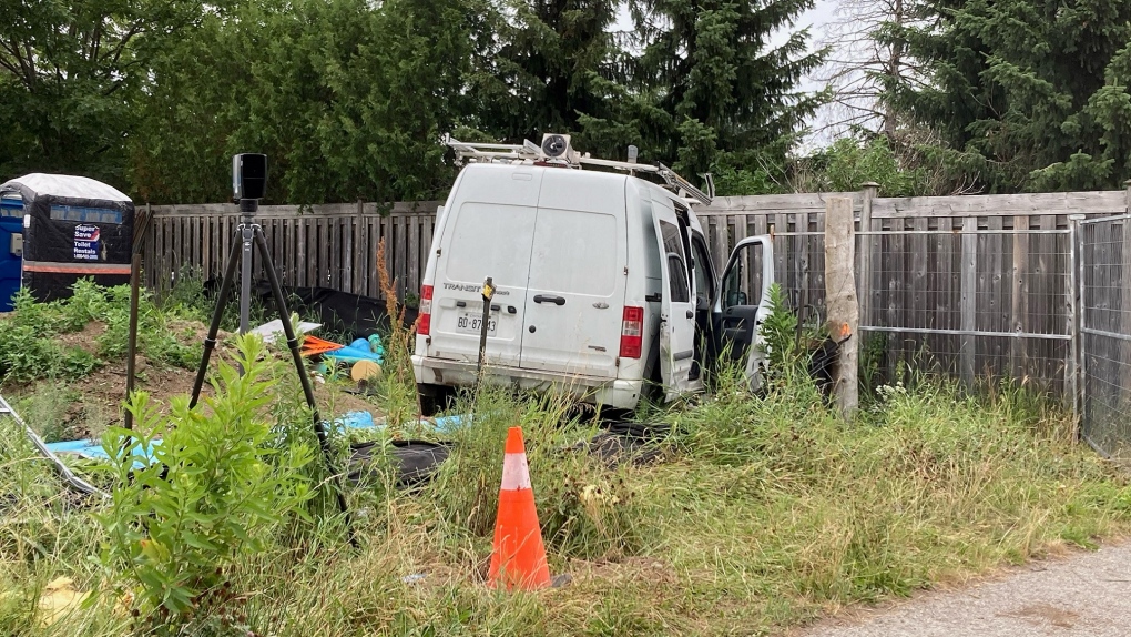 A crash in Barrie’s south end Wednesday, July 13, 2022 sent a 22-year-old man to hospital with serious injuries. (Amanda Hicks/CTV News)
