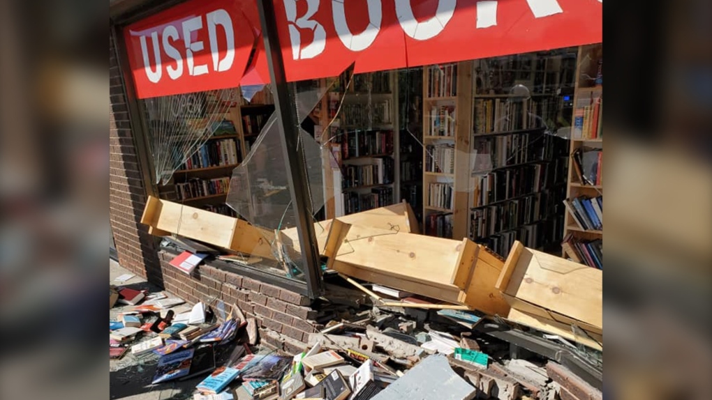 The Book Re-View in Orillia is closed for repairs after a vehicle crashed into its storefront at about 4:30 p.m. Tuesday, July 12, 2022. (Credit/The Book Re-View) 