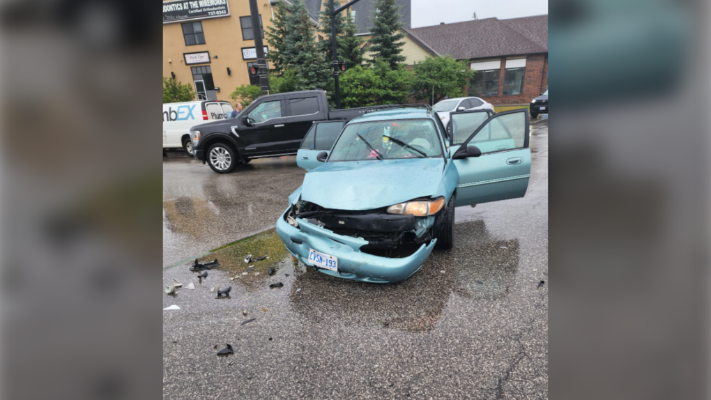 Barrie police reported minor injuries following a two-vehicle crash that happened in Barrie Monday, July 18, 2022. (Provided/Brittany Secord)