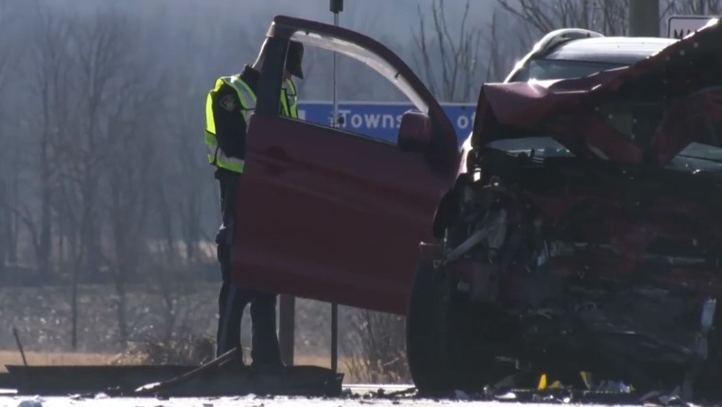 A crash on Highway 12 in Oro-Medonte, Ont. on Thursday April 7, 2022 (Kraig Krause/CTV News).