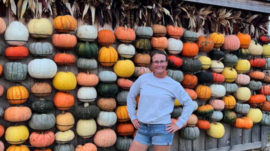 Laura Currie shows off her 200-pumpkins wall at Laura's Farm Stand on County Road 27, Sept. 21, 2022 (SUBMITTED PHOTO)