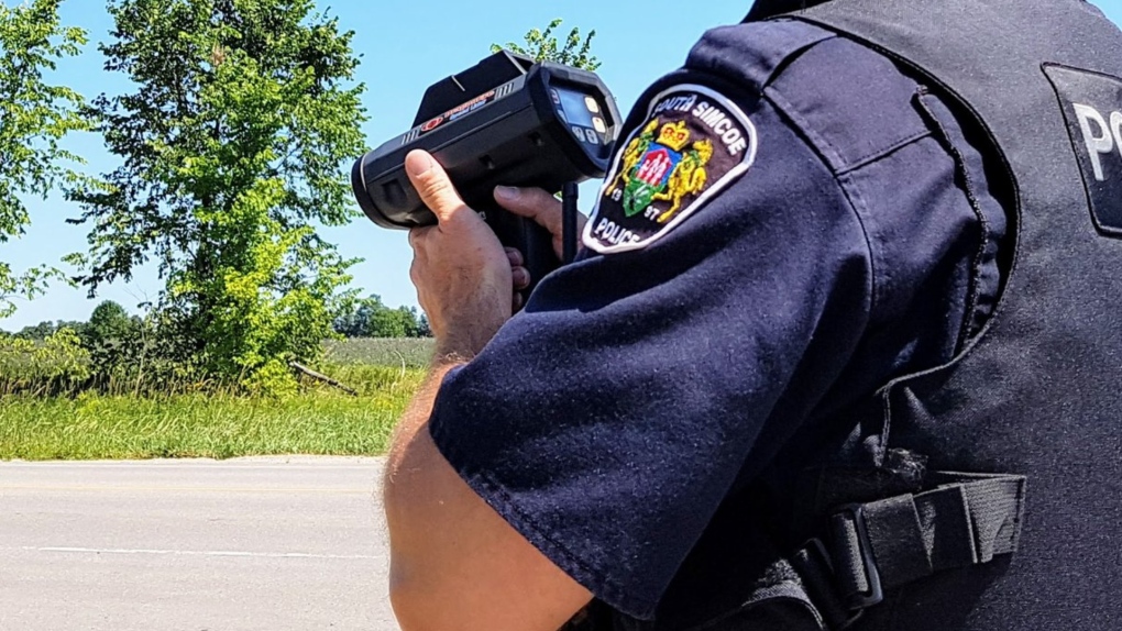 A South Simcoe Police officer conducts radar while on patrol - File image. (South Simcoe Police/Twitter)