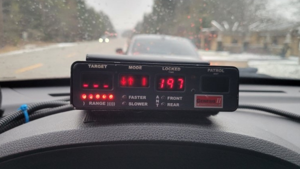 A police radar device reads 197km/h in Innisfil, Ont., on Sun., Jan. 22, 2023 (South Simcoe Police Services)