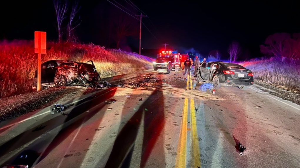 Emergency crews attend a two-vehicle collision on Old Barrie Road and Line 12 in Oro-Medonte, Ont., on Mon. Nov. 20, 2023. (Source: Oro-Medonte Fire Services)