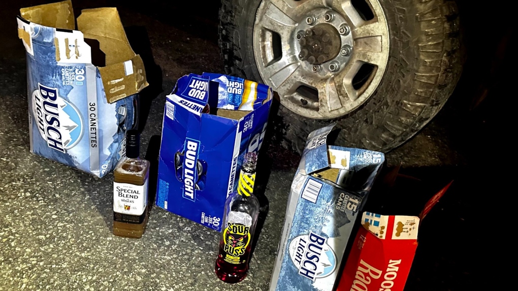 Alcohol and beer boxes were allegedly found inside a vehicle at a Festive RIDE check in Bradford West Gwillimbury on Sat., Dec. 2, 2023. (Source: South Simcoe Police)