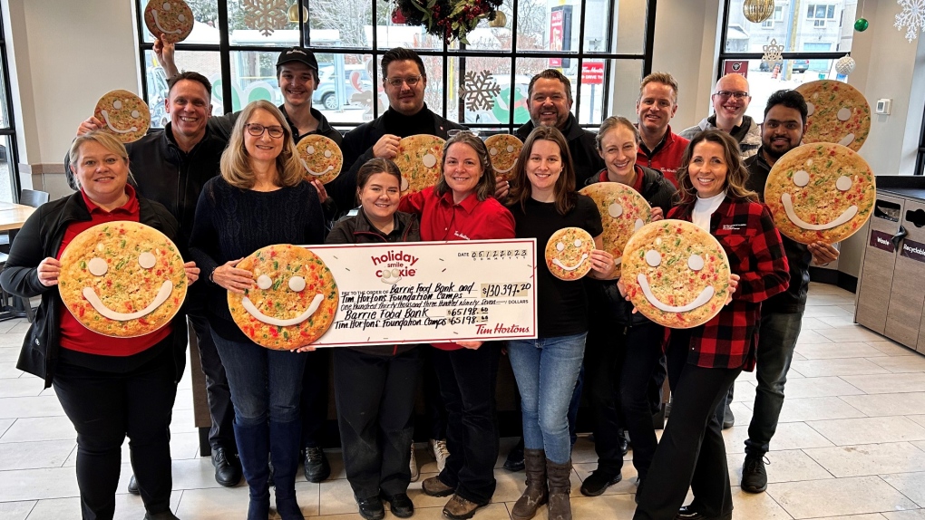 Barrie Tim Horton's staff presents Barrie charities with $130K from its Smile Cookie Campaign. Dec. 8, 2023 (Source: Tim Hortons)