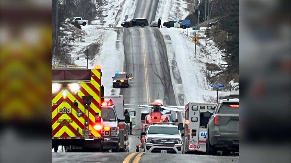 Emergency Services attend car crash in the town of Mono. Feb. 18, 2023 (Dufferin OPP/Twitter)