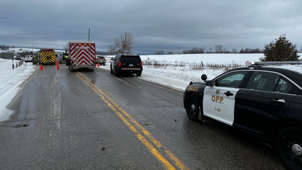 Airport Road is closed in Mulmur Township for a serious two vehicle crash February 28, 2023 (OPP / Twitter)