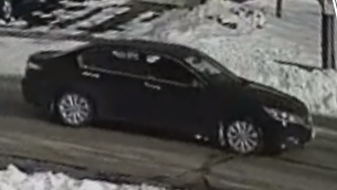 Police released an image of a dark-coloured, four-door vehicle as they look to identify the driver following an incident in Bradford, Ont., on Fri., Feb. 24, 2023. (SOUTH SIMCOE POLICE SERVICES)