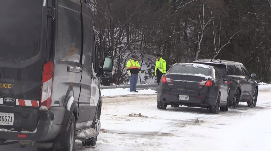 Ontario Provincial Police at the scene of a fatal collision in the Town of the Blue Mountains, Ont., on Thurs., Jan. 26, 2023. (CTV News/Rob Cooper)