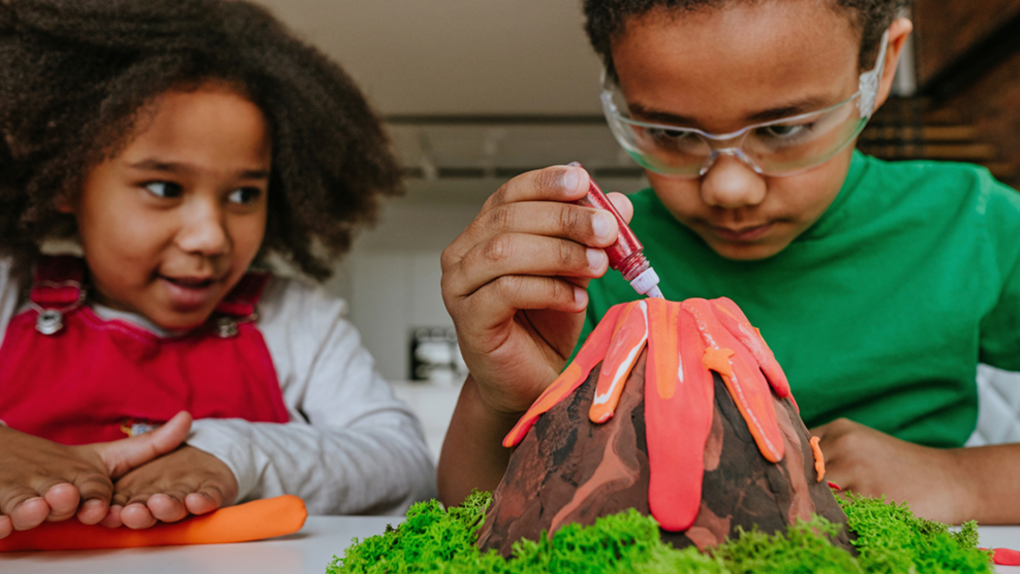 Children build a multi-coloured volcano. March 15, 2023 (Courtesy: Scouts Canada)