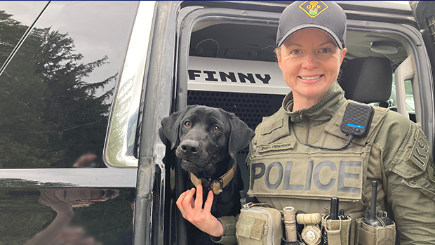 New search and rescue dog, Finny, alongside Nottawasaga OPP Const. Sarah Hendrick on Mon. April 17, 2023. (CTV News/KC Colby)