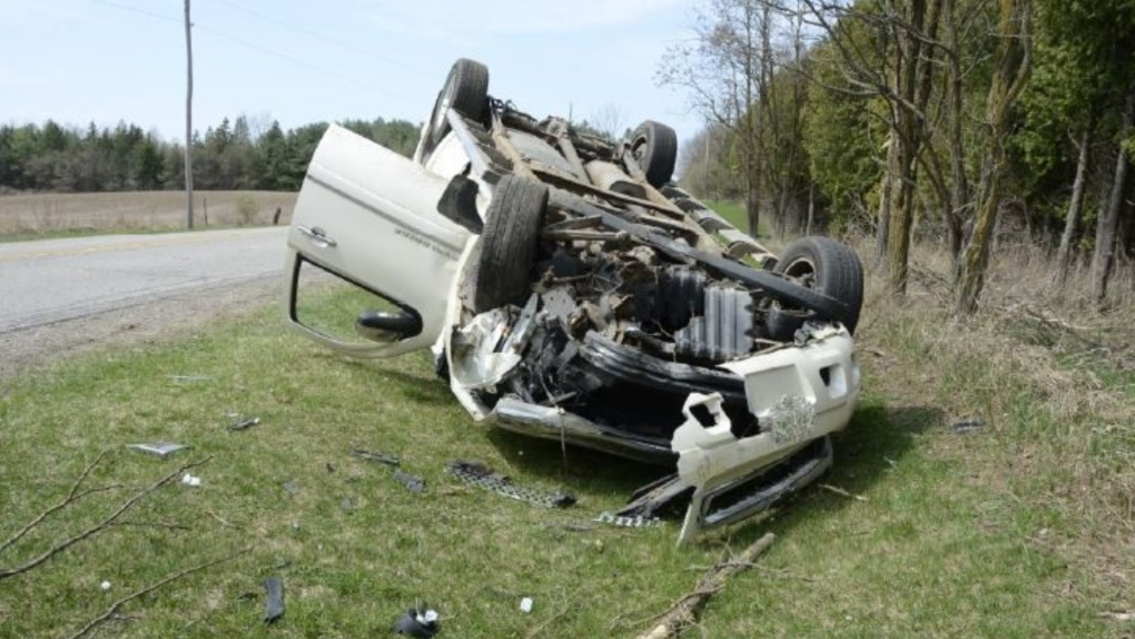 A vehicle rolled onto its roof on Heart Lake Road in Caledon, Ont., on Thurs., April 20, 2023. (OPP)