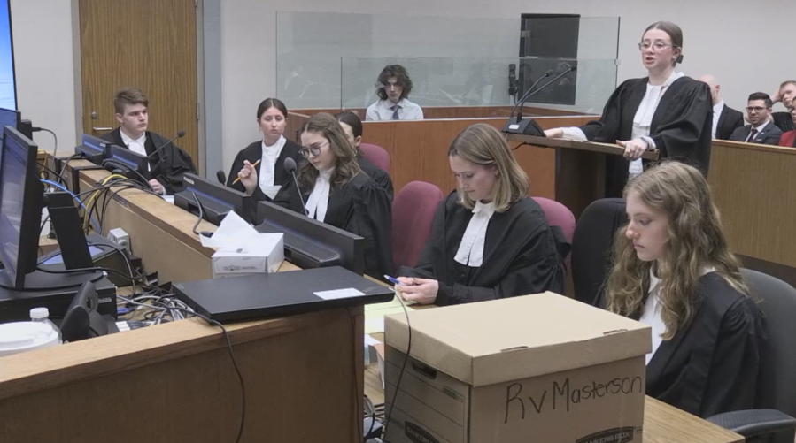 High school students compete in a mock trial in a Barrie court room on Thurs. April 27, 2023 (Jonathan Guignard/CTV News Barrie)