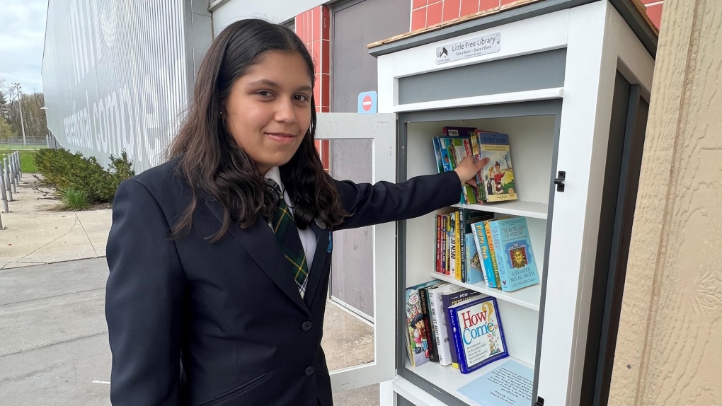 Grade 8 student Daya Grover launches Little Free Library in Innisfil. (Source/Town of Innisfil)