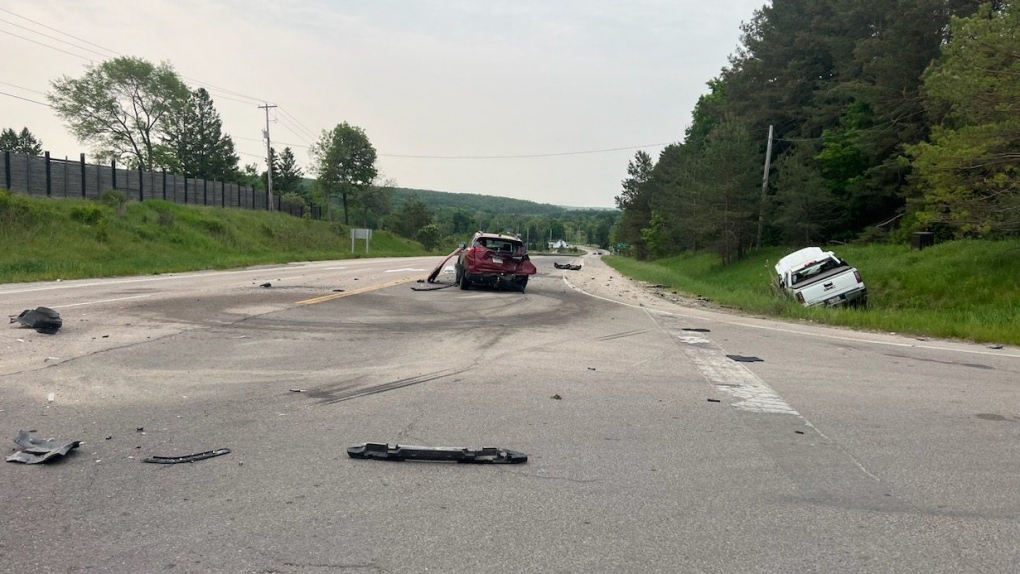 Supplied image of the three-vehicle crash near the intersection of Ellery Side Road in Tiny Township on Mon., June 5, 2023 (OPP)