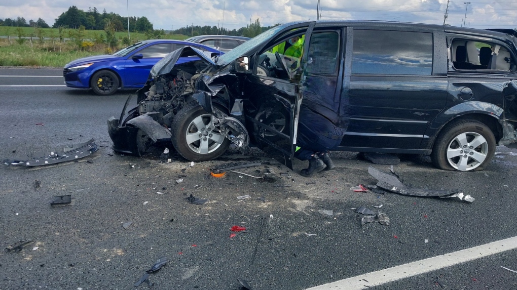Several vehicles were involved in a collision on Highway 400 in Vaughan, Ont., on Mon., Sept. 18, 2023. (Source: OPP)