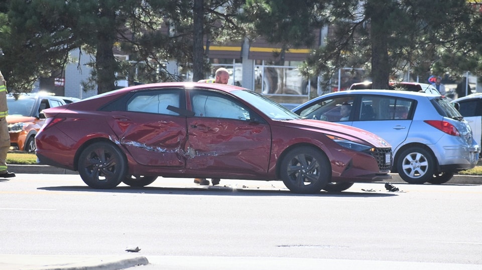 A vehicle is damaged following an alleged hit-and-run on Bayfield Street near Heather Street in Barrie, Ont., on Tues., Sept. 20, 2023. (Courtesy: Michael Chorney/At The Scene Photography)