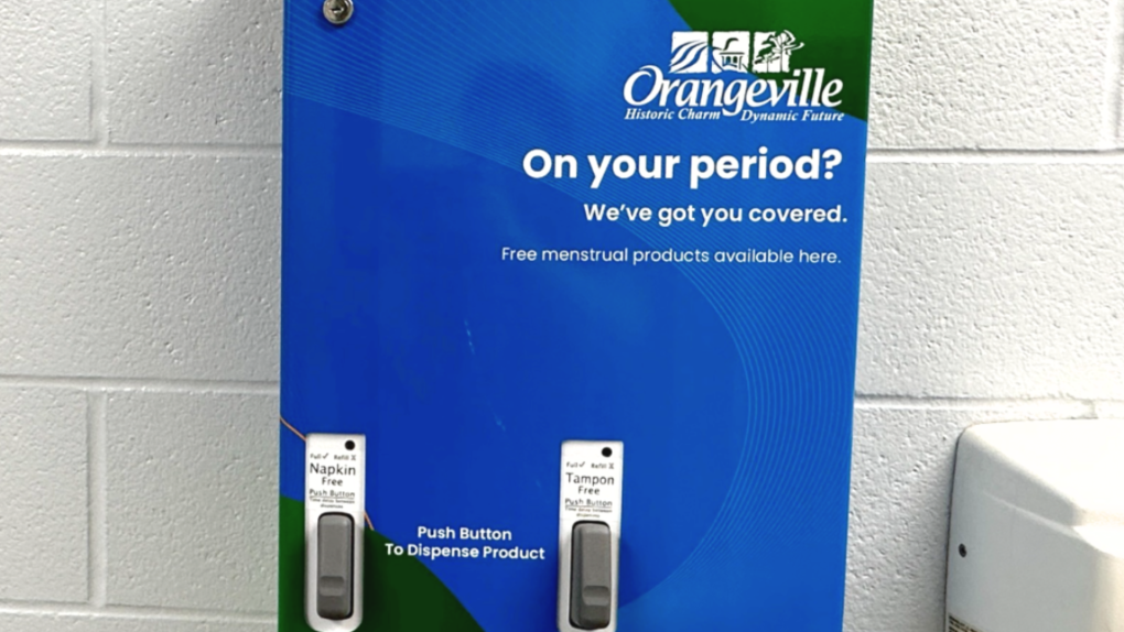 A menstrual product dispenser located at a public washroom in the Town of Orangeville. (Supplied photo)