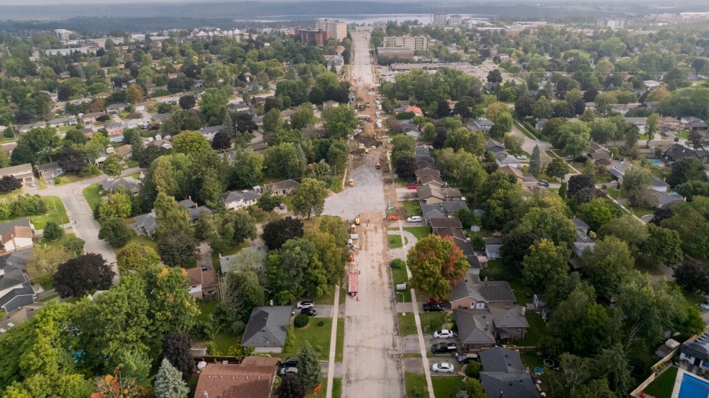 Dunlop Street construction is pictured in this aerial photo. (Supplied: City of Barrie)