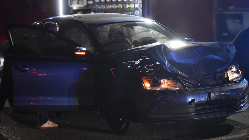 A car is damaged in a multi-vehicle collision at Bayfield and Grove Streets in Barrie, Ont., on Thurs., Sept. 20, 2023. (Courtesy: Michael Chorney/At The Scene Photography)