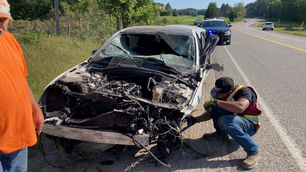 A photo of the damaged vehicle after a crash on Horseshoe Valley Road on Sept. 3, 2023 (Christopher Garry/CTV News). 