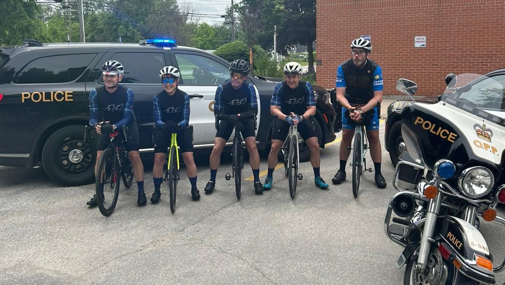 Collingwood OPP welcome Sgt. Dayne Campbell (far right) in Collingwood, Ont. on Sat June 8, 2024 (Source: @OPP_CR/X)
